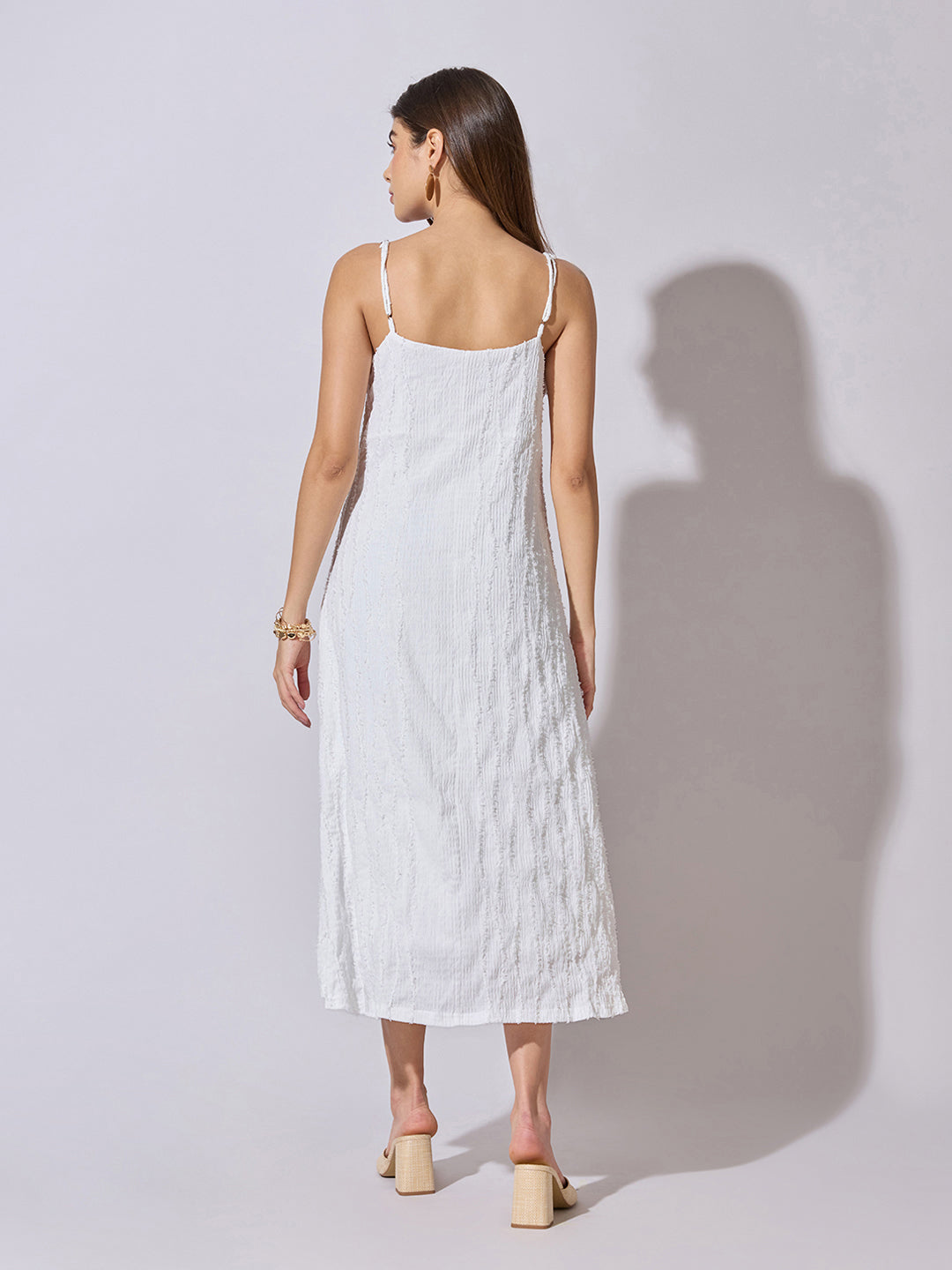 Women's Textured White A-Line Midi Dress