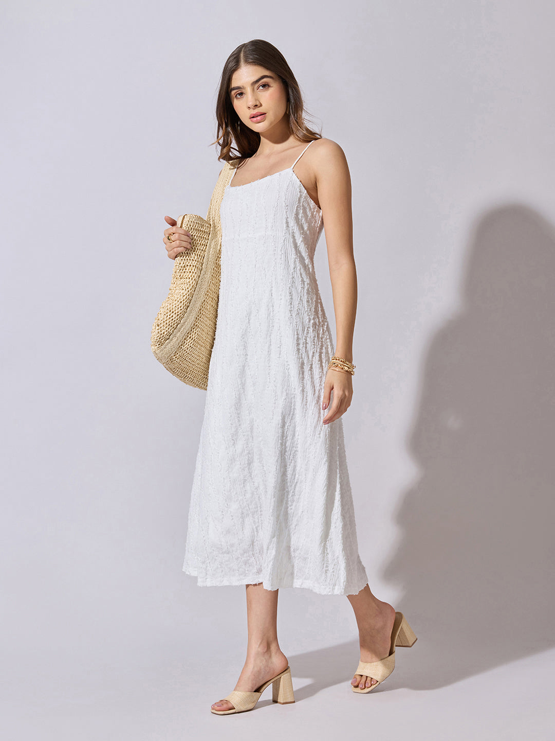 Women's Textured White A-Line Midi Dress