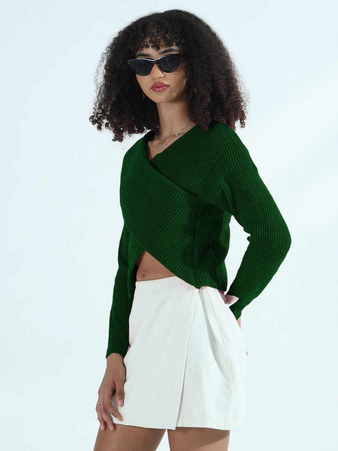 Women's Ribbed Green Asymmetric Wrap Style Short Top