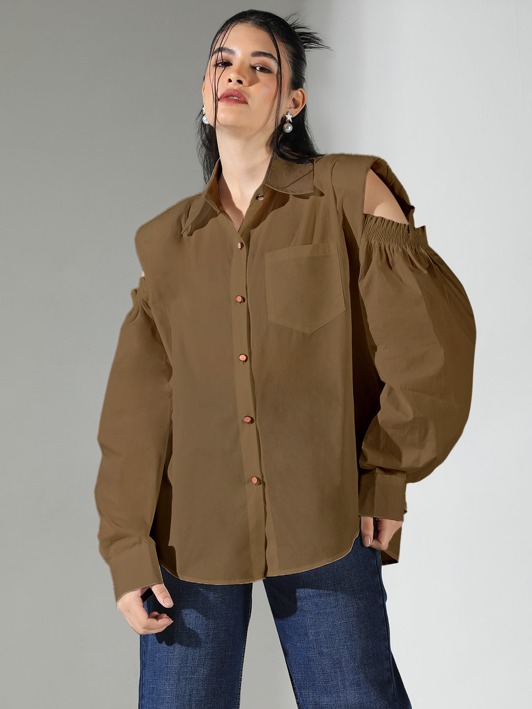 Women Cold Shoulder Bishop Sleeves Brown Solid Shirt