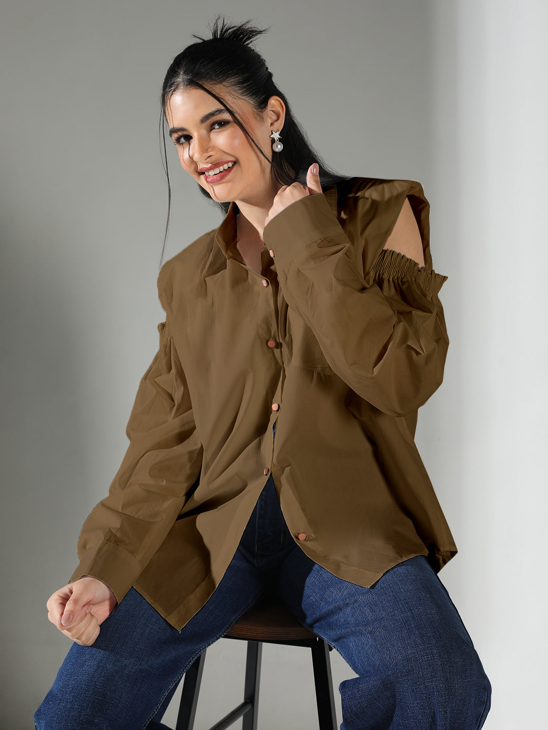 Women Cold Shoulder Bishop Sleeves Brown Solid Shirt