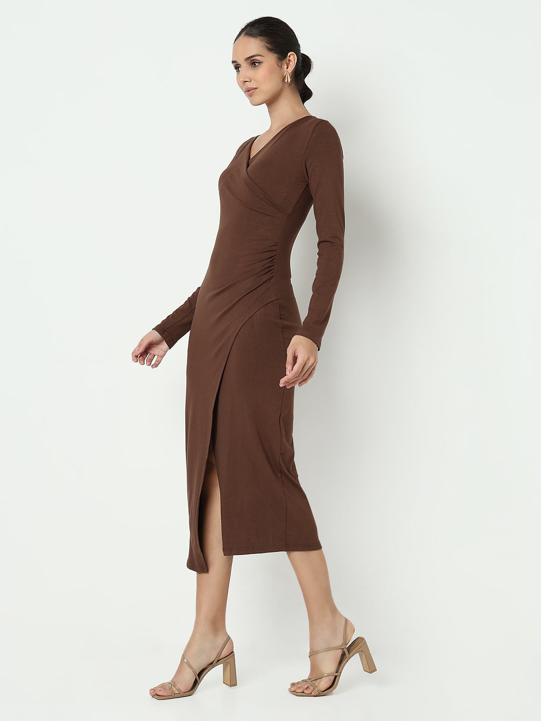 Women's Brown Wrap Bodycon Midi Dress with Front Slit