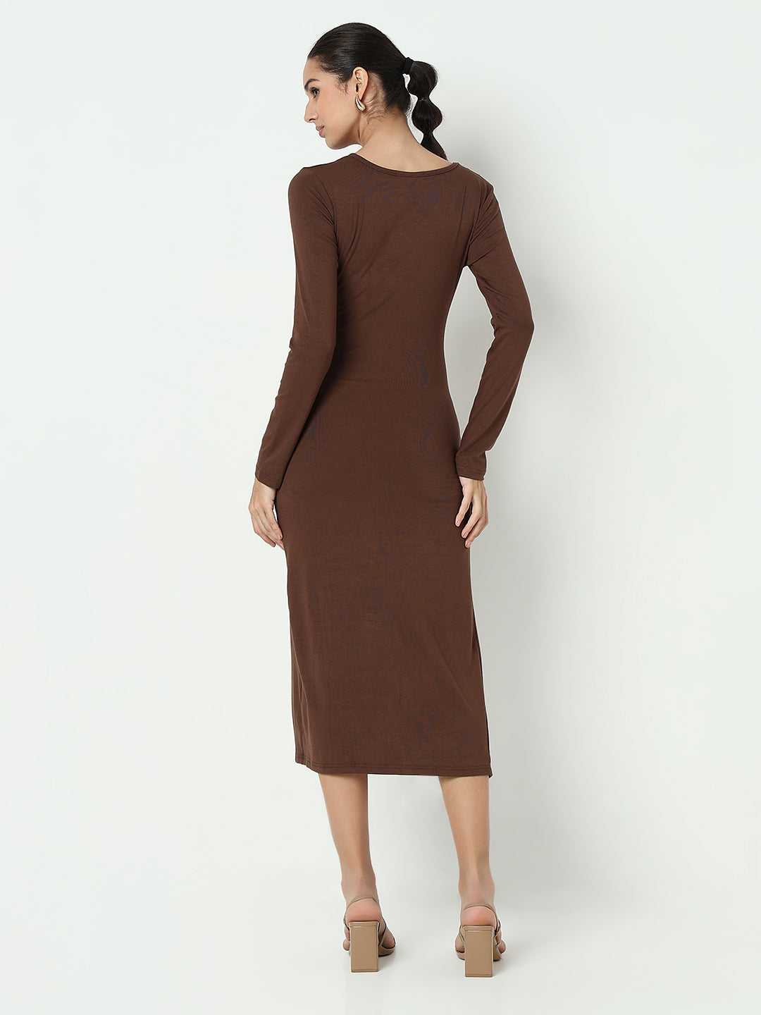 Women's Brown Wrap Bodycon Midi Dress with Front Slit