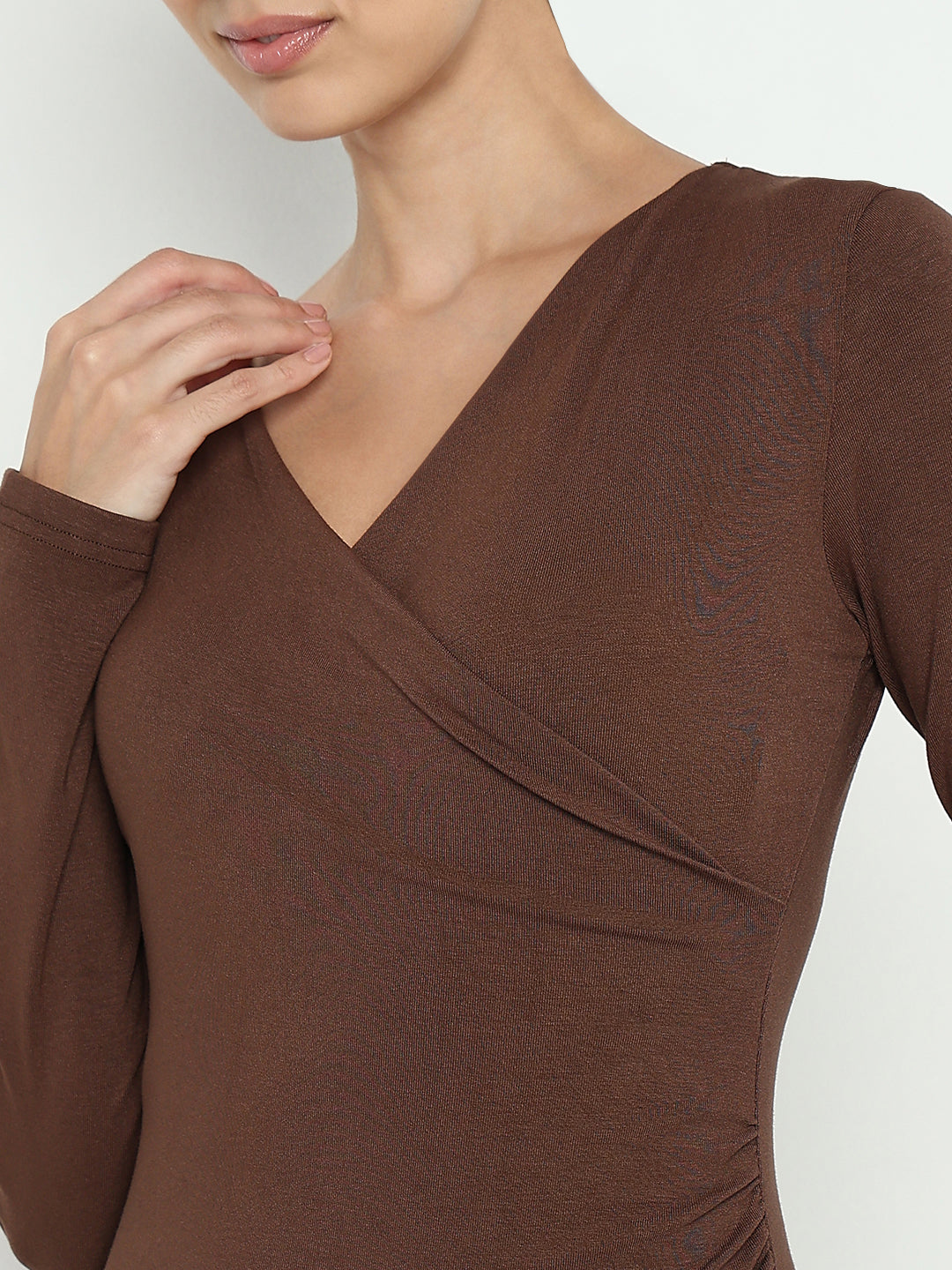 Women's Brown Wrap Bodycon Midi Dress with Front Slit