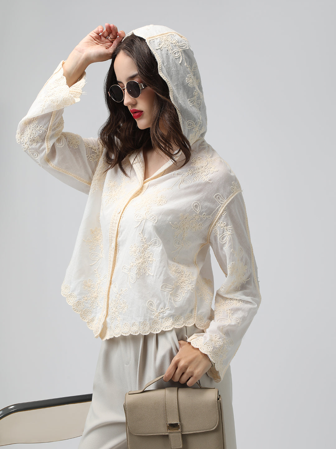 Women's Floral Embroidered Cream Scalloped Hem Shirt with Hood