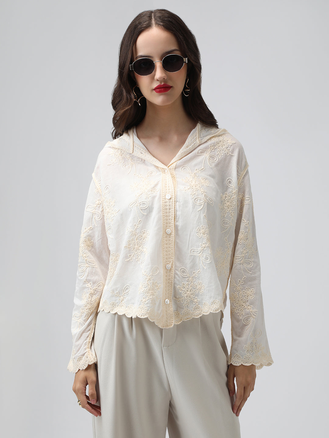 Women's Floral Embroidered Cream Scalloped Hem Shirt with Hood