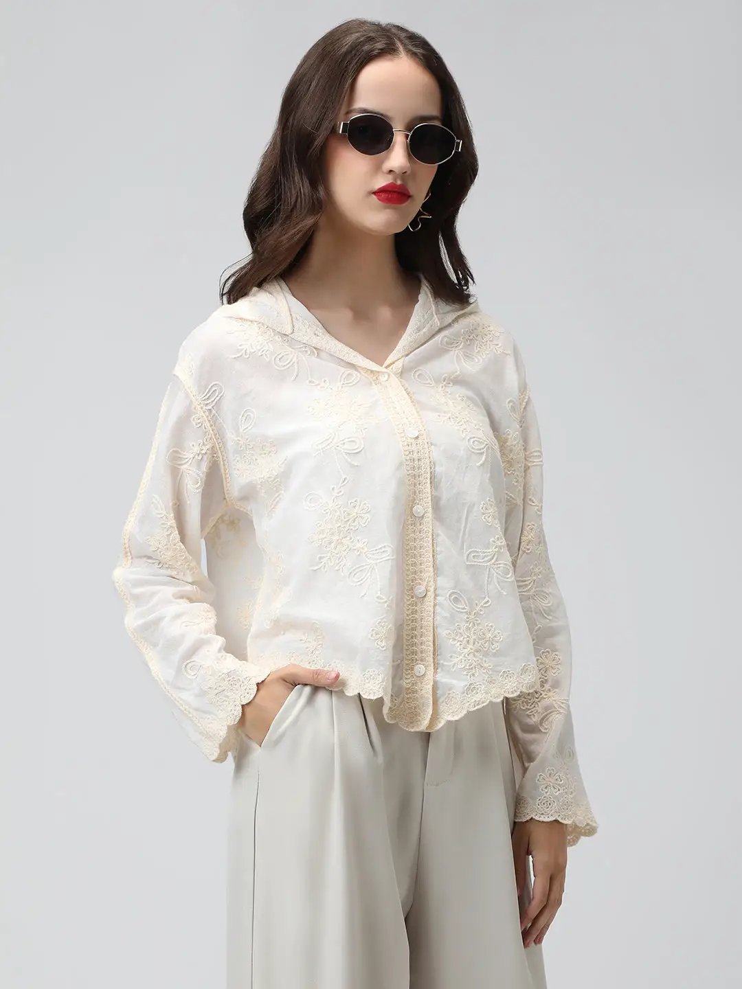 Women's Floral Embroidered Cream Scalloped Hem Shirt with Hood - Uncategorized from SHOWOFFFF