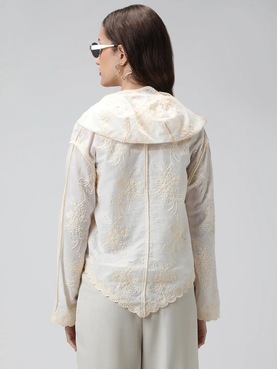 Women's Floral Embroidered Cream Scalloped Hem Shirt with Hood - Uncategorized from SHOWOFFFF