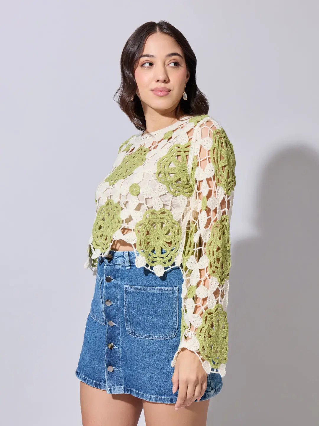 Women's Floral Crochet Green Long Sleeve Top - from SHOWOFFFF
