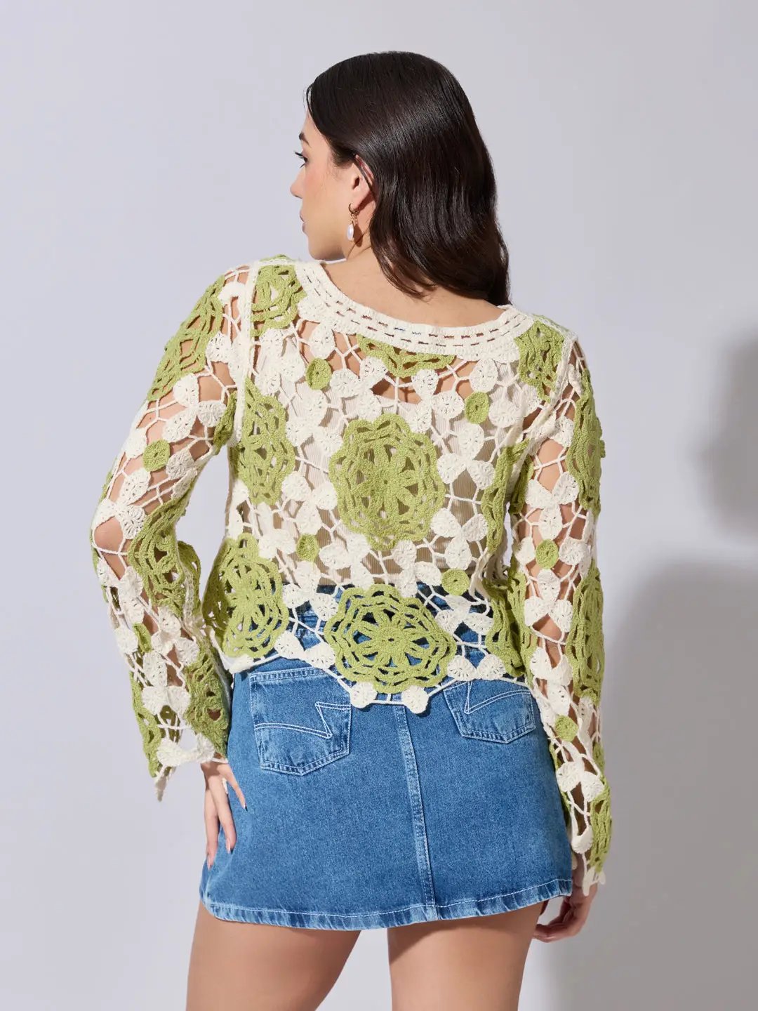 Women's Floral Crochet Green Long Sleeve Top - from SHOWOFFFF