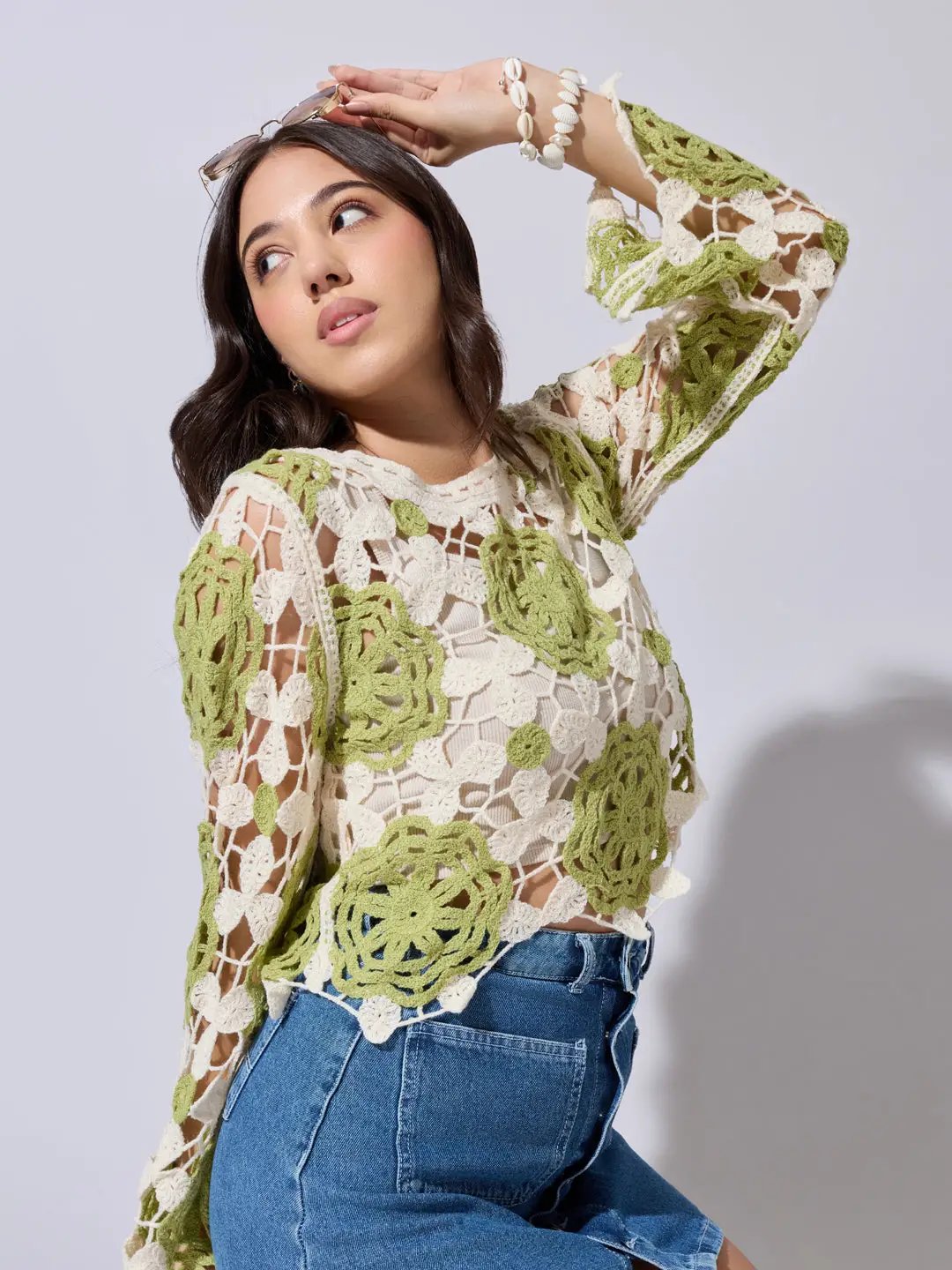 Women's Floral Crochet Green Long Sleeve Top - from SHOWOFFFF