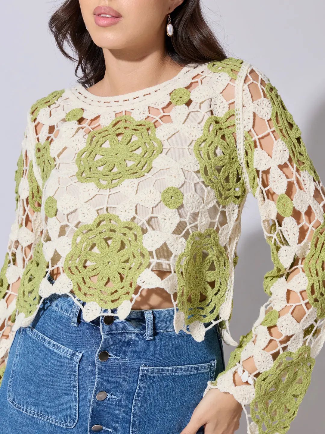 Women's Floral Crochet Green Long Sleeve Top - from SHOWOFFFF