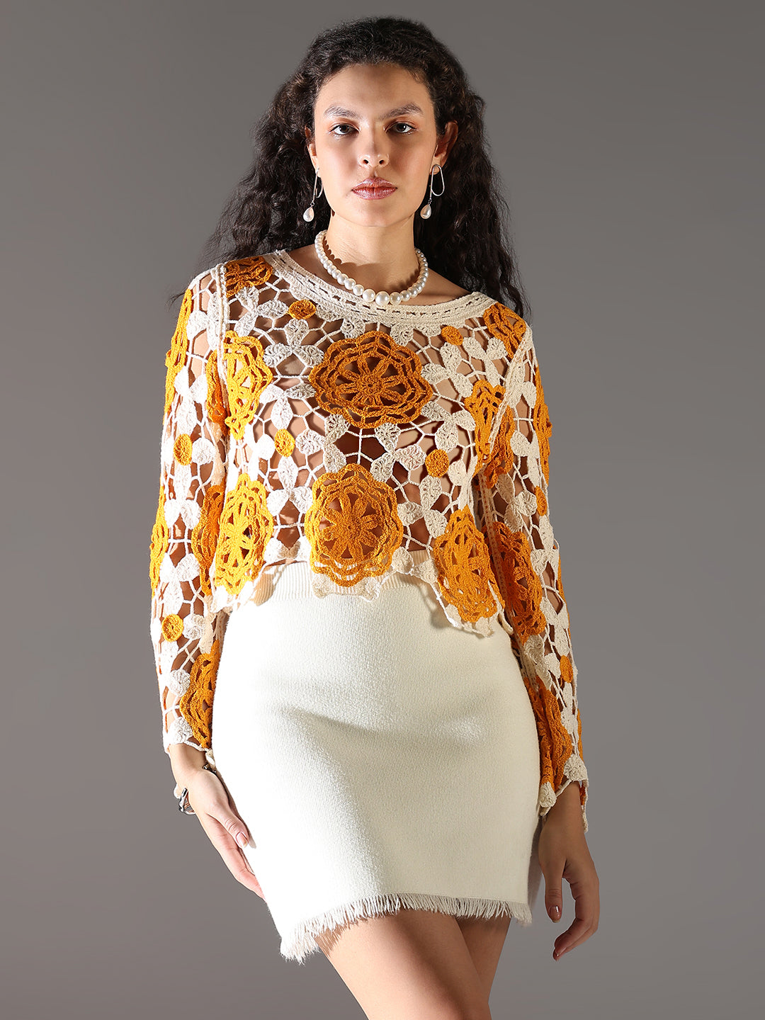 Women Orange Floral Crochet Crop Top