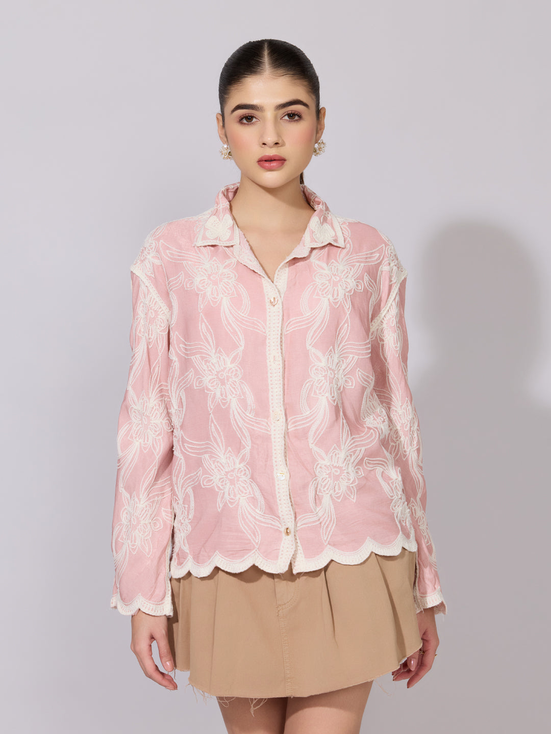 Women's Floral Embroidered Pink Sheer Shirt