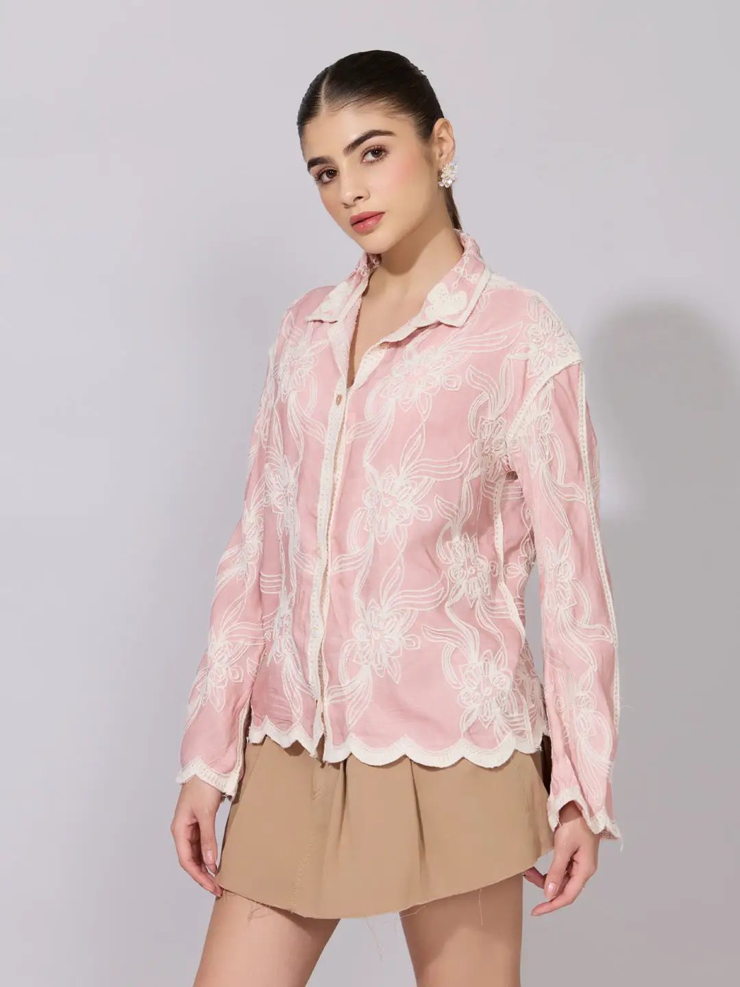 Women's Floral Embroidered Pink Sheer Shirt - from SHOWOFFFF