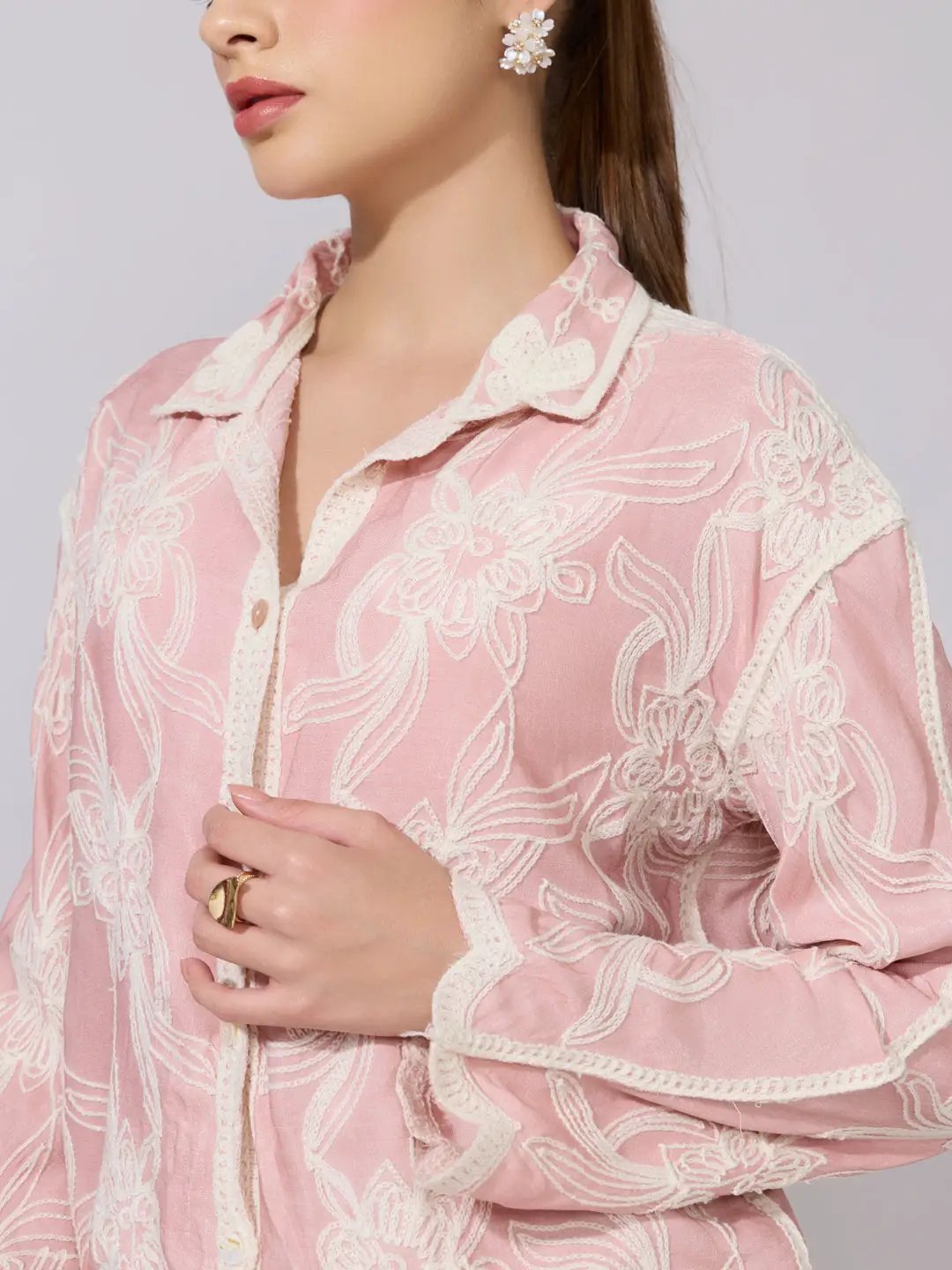 Women's Floral Embroidered Pink Sheer Shirt - from SHOWOFFFF