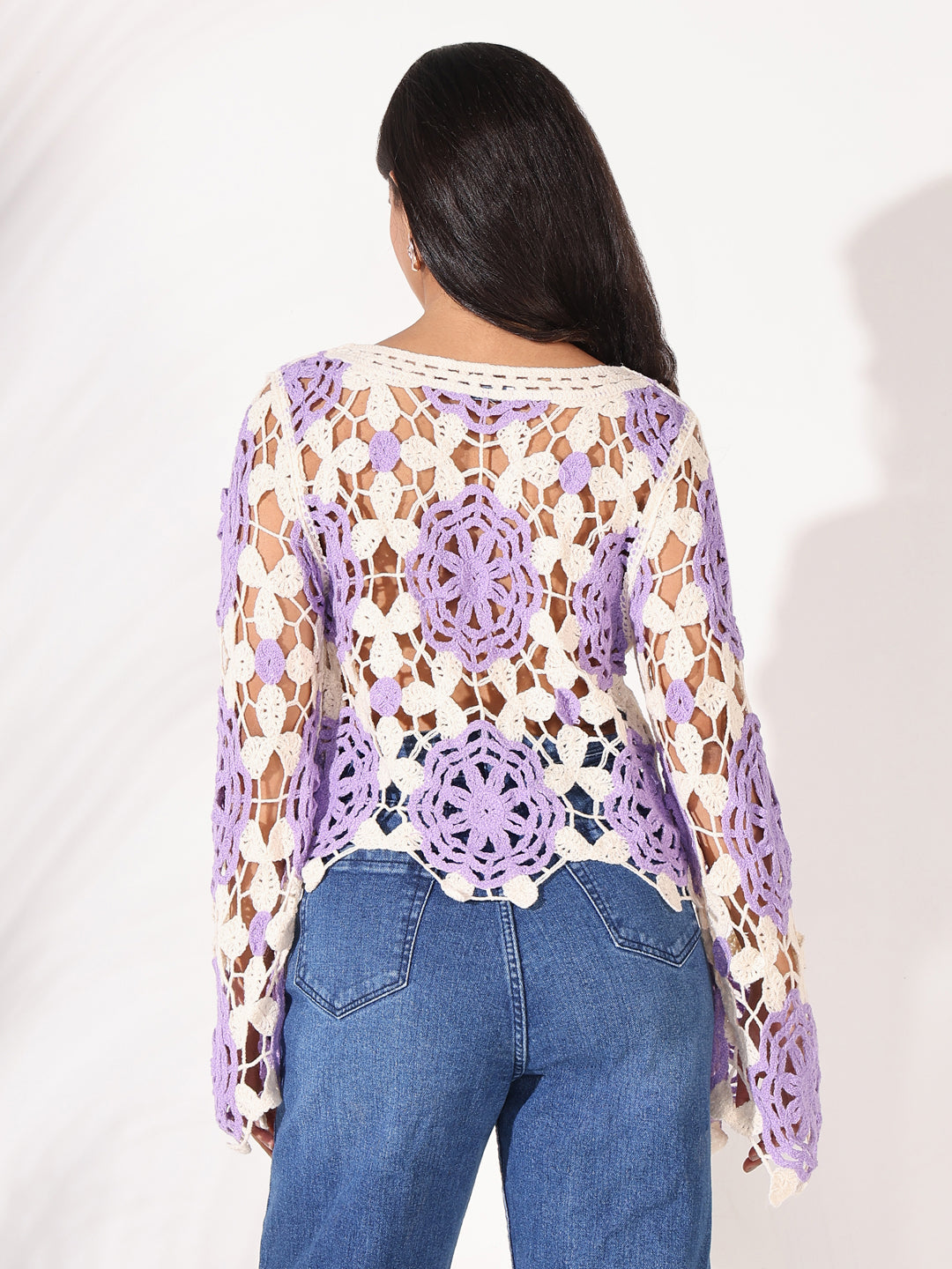 Women Purple Floral Crochet Crop Top