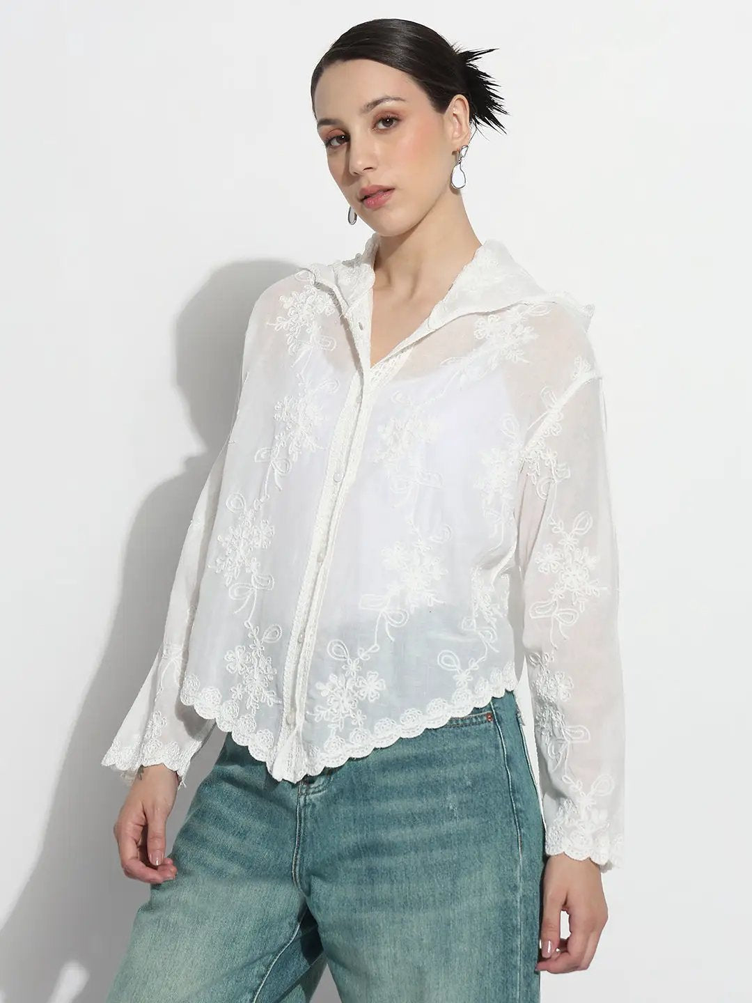 Women's Floral Embroidered White Scalloped Hem Shirt with Hood - from SHOWOFFFF