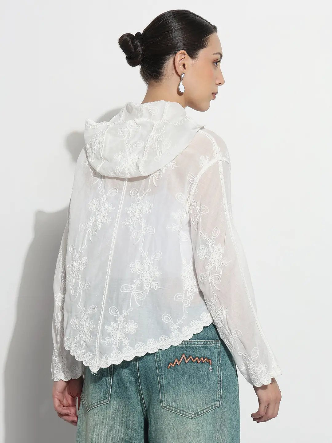 Women's Floral Embroidered White Scalloped Hem Shirt with Hood - from SHOWOFFFF