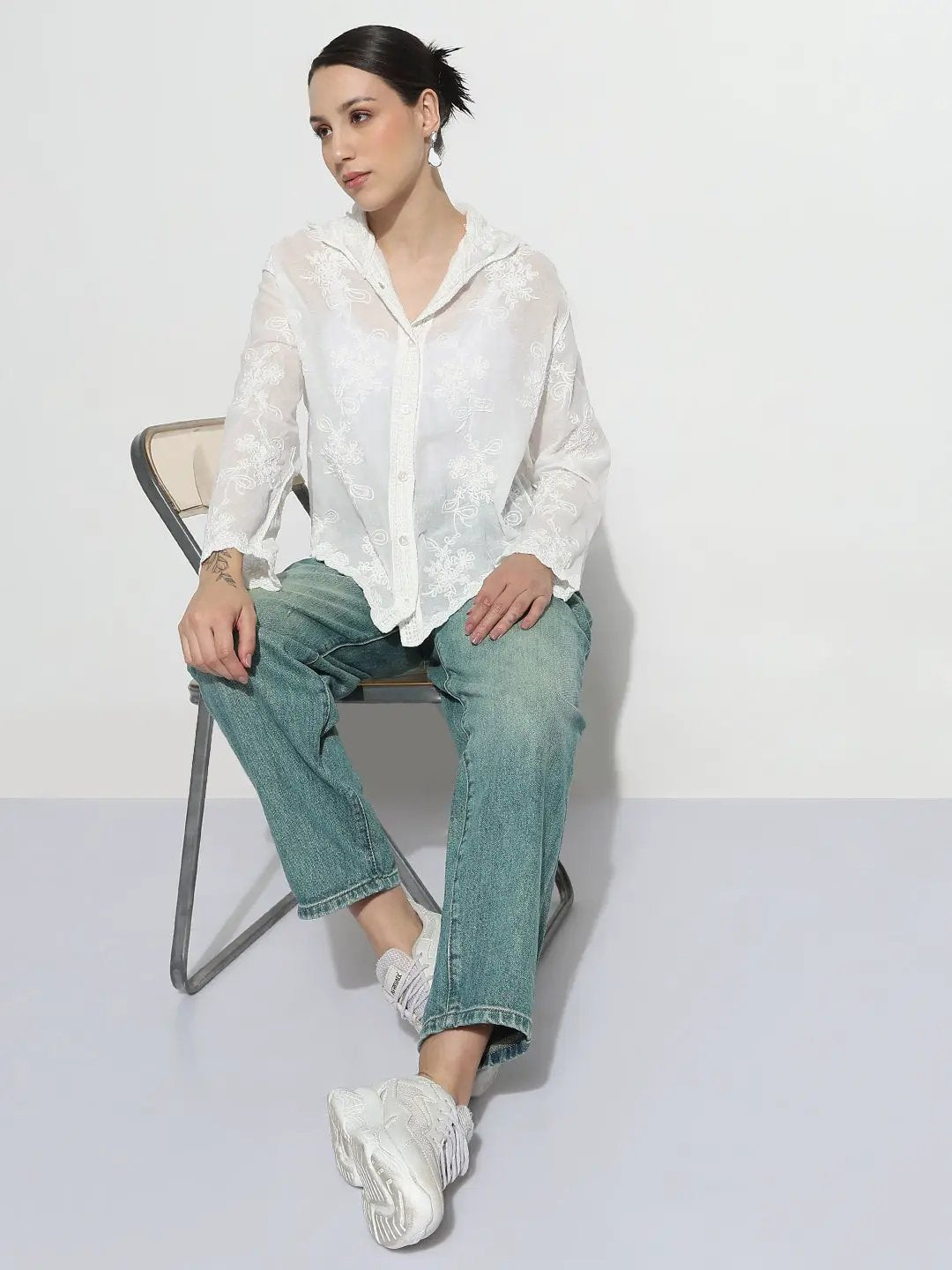 Women's Floral Embroidered White Scalloped Hem Shirt with Hood - from SHOWOFFFF