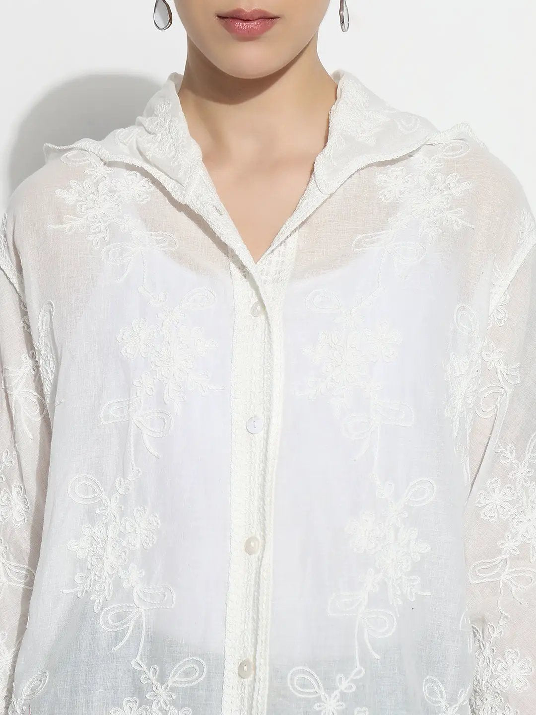 Women's Floral Embroidered White Scalloped Hem Shirt with Hood - from SHOWOFFFF