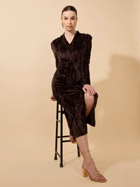 Women's Textured Velvet Brown Knot V-Neck Maxi Dress with Front Slit