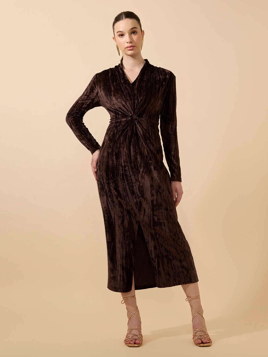 Women's Textured Velvet Brown Knot V-Neck Maxi Dress with Front Slit