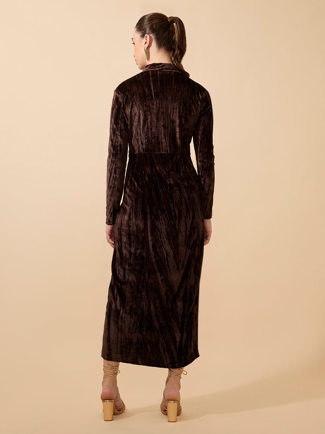 Women's Textured Velvet Brown Knot V-Neck Maxi Dress with Front Slit