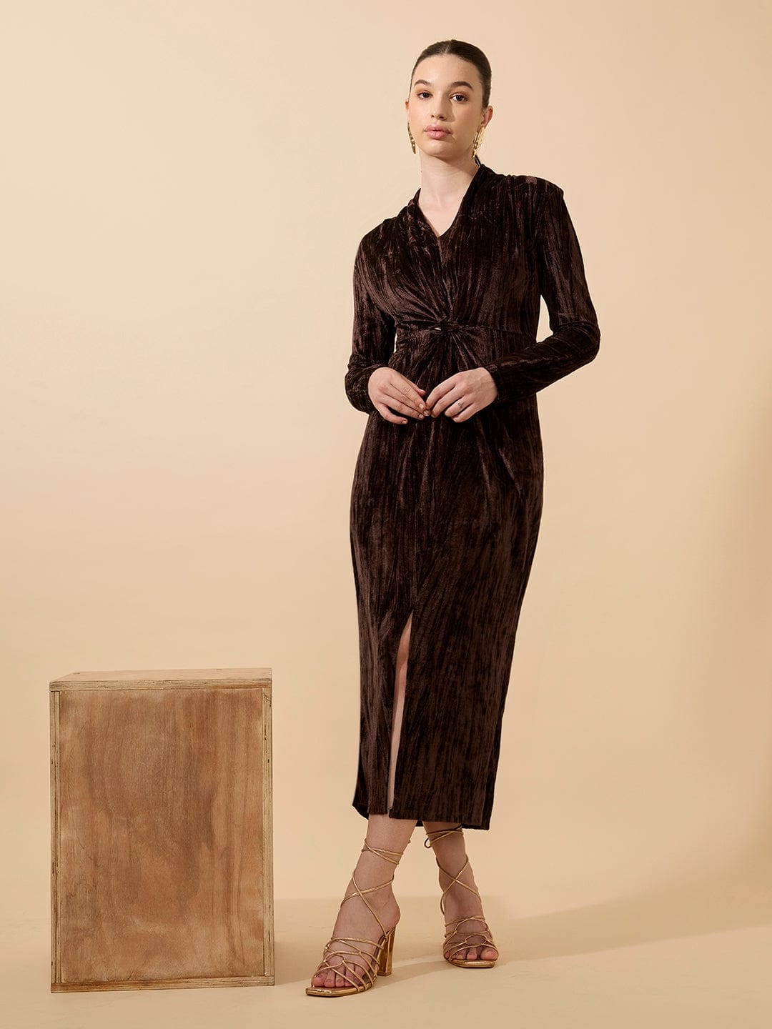 Women's Textured Velvet Brown Knot V-Neck Maxi Dress with Front Slit