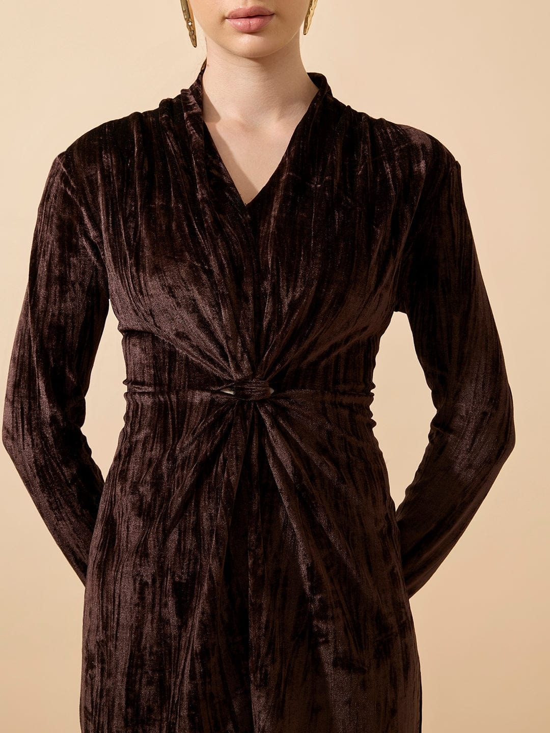 Women's Textured Velvet Brown Knot V-Neck Maxi Dress with Front Slit