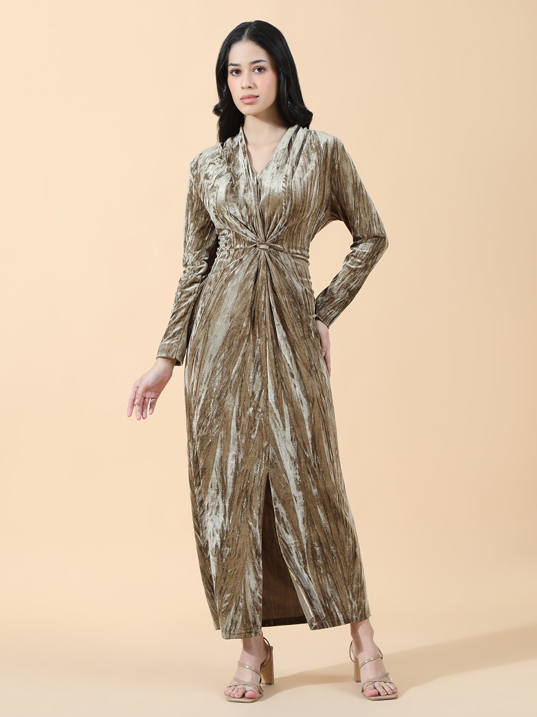 Women's Textured Velvet Olive Knot V-Neck Maxi Dress with Front Slit