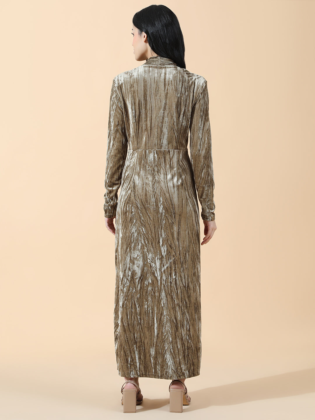 Women's Textured Velvet Olive Knot V-Neck Maxi Dress with Front Slit