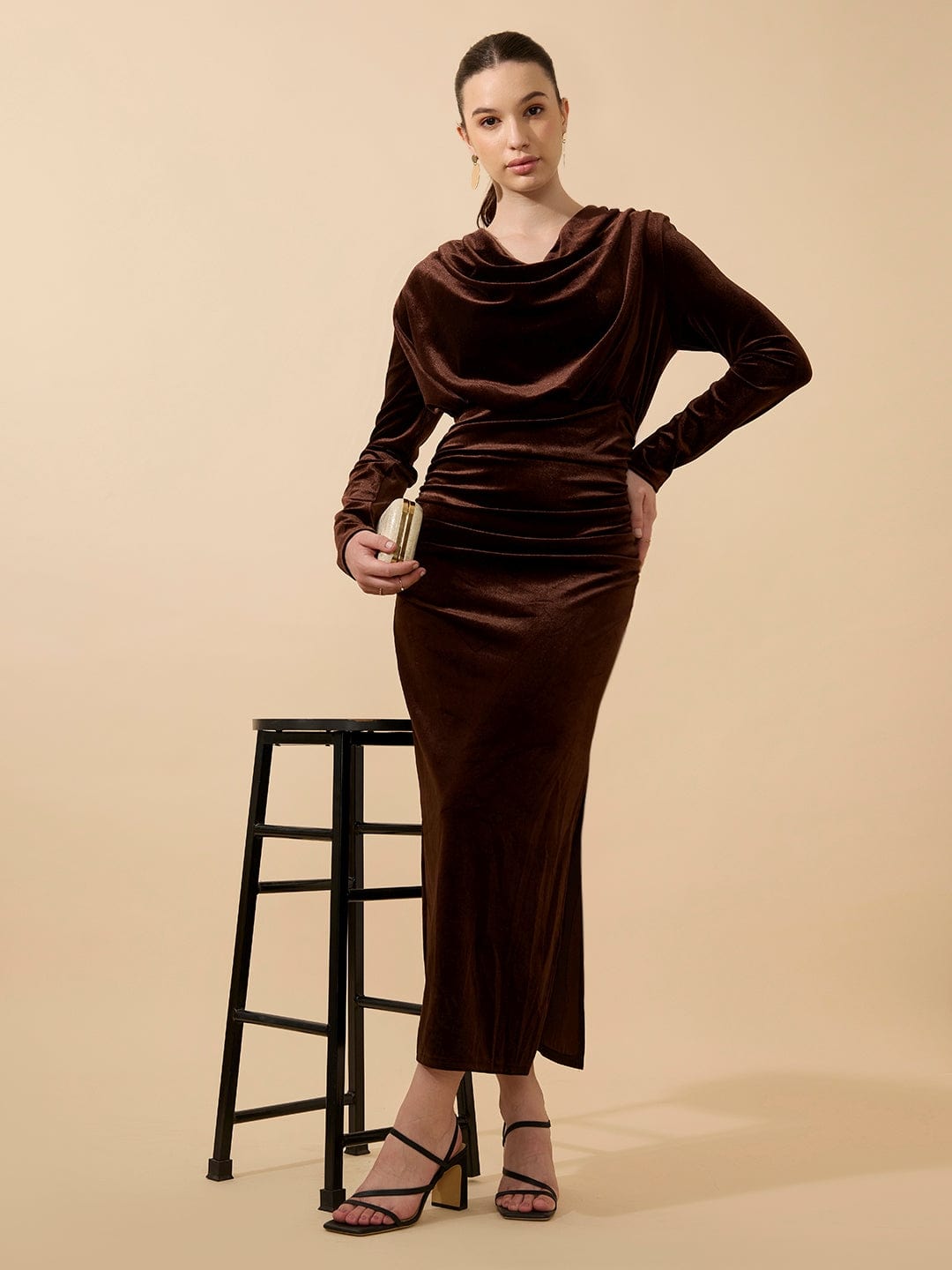 Women's Draped Velvet Brown Bodycon Maxi Dress with Side Slit