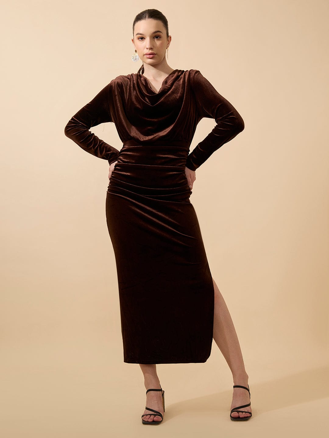 Women's Draped Velvet Brown Bodycon Maxi Dress with Side Slit