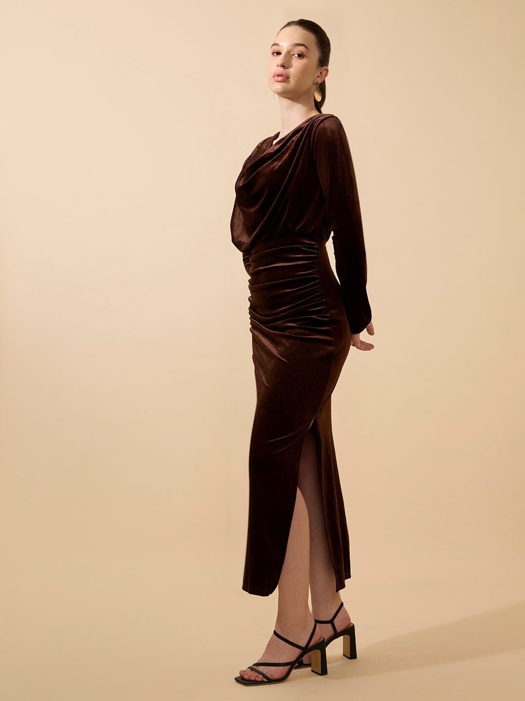Women's Draped Velvet Brown Bodycon Maxi Dress with Side Slit