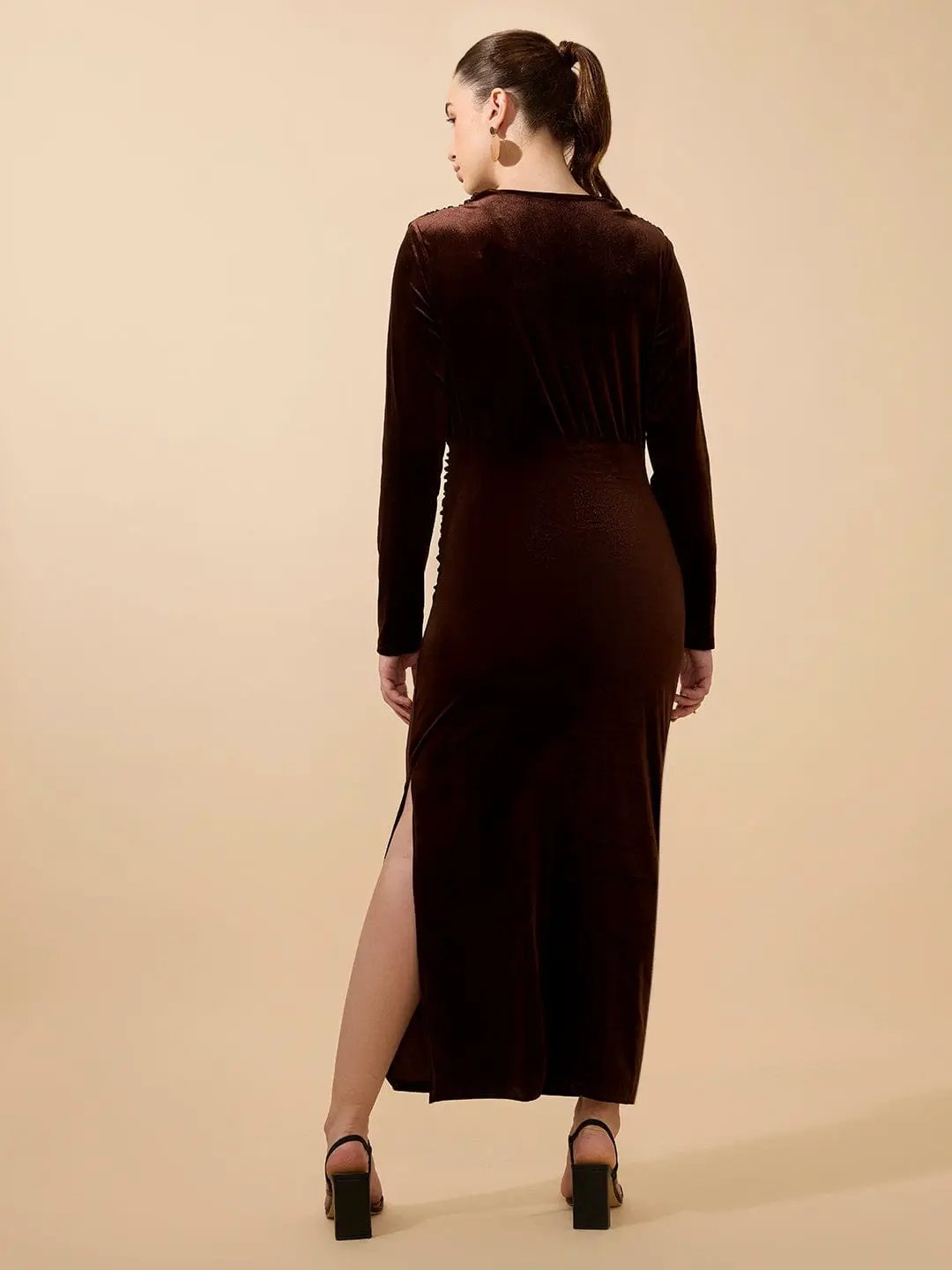 Shop Women's Draped Velvet Brown Bodycon Maxi Dress with Side Slit| Showoffff Shop Women's Draped Velvet Brown Bodycon Maxi Dress with Side Slit| Showoffff
