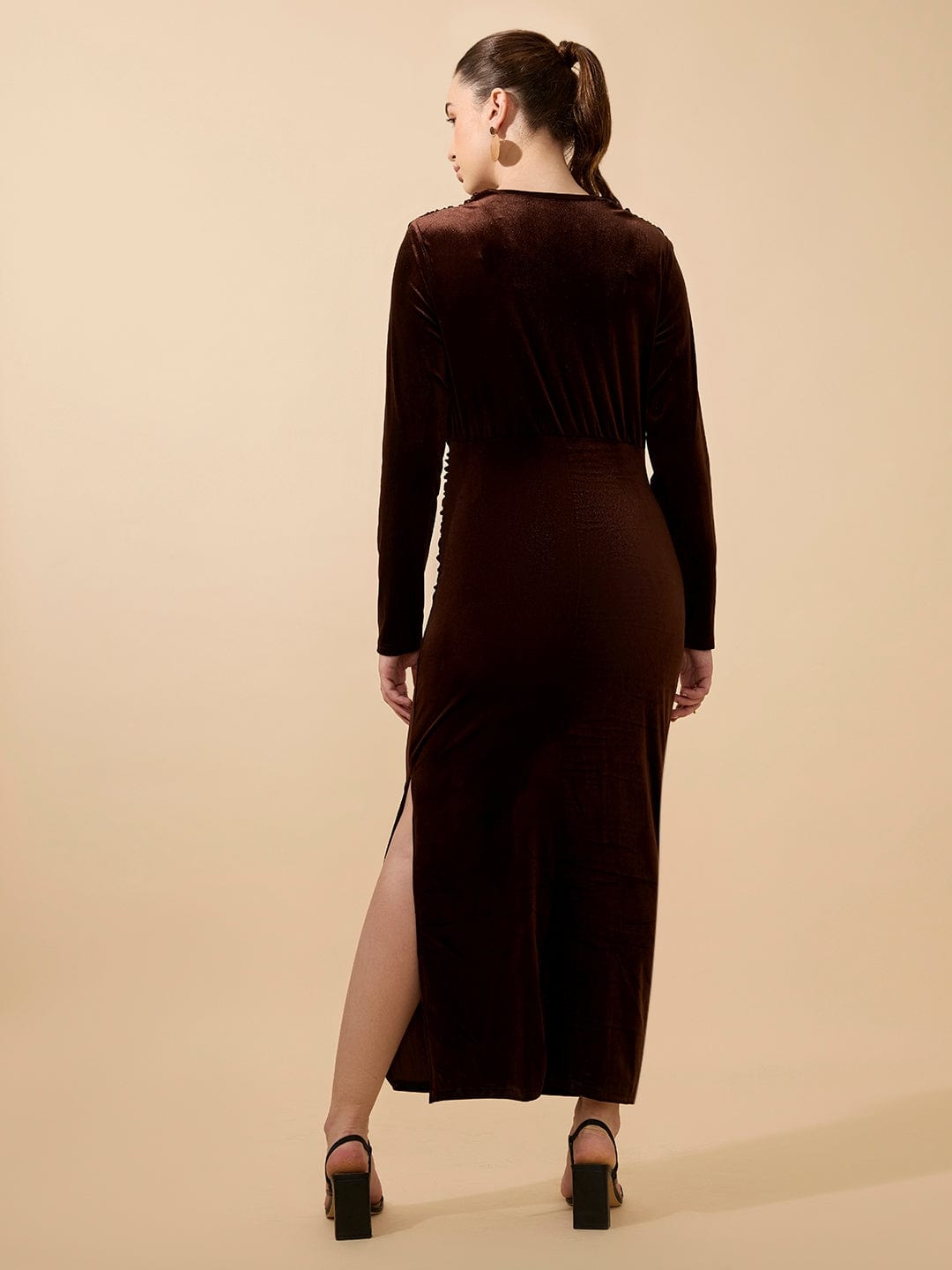 Women's Draped Velvet Brown Bodycon Maxi Dress with Side Slit