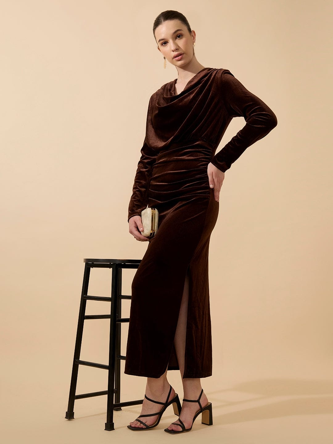 Women's Draped Velvet Brown Bodycon Maxi Dress with Side Slit