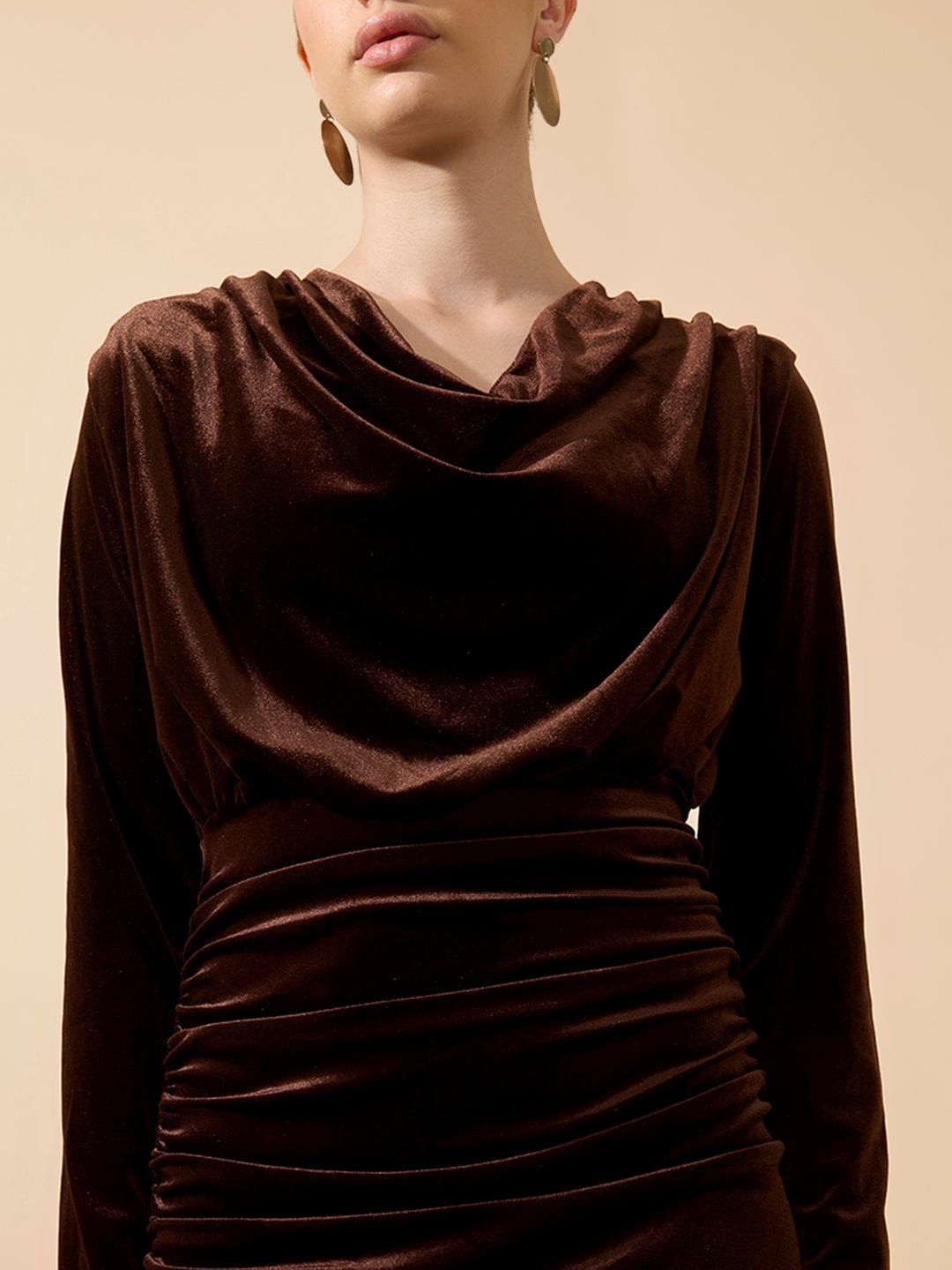 Women's Draped Velvet Brown Bodycon Maxi Dress with Side Slit