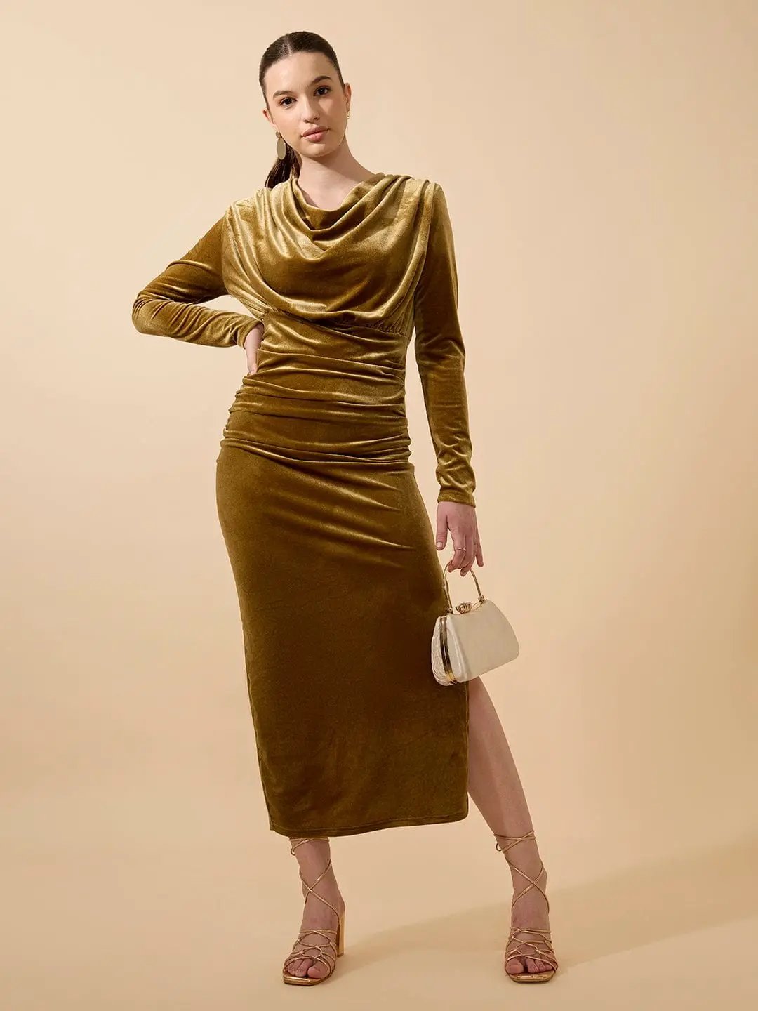 Women's Draped Velvet Olive Bodycon Maxi Dress with Side Slit Women's Draped Velvet Olive Bodycon Maxi Dress with Side Slit