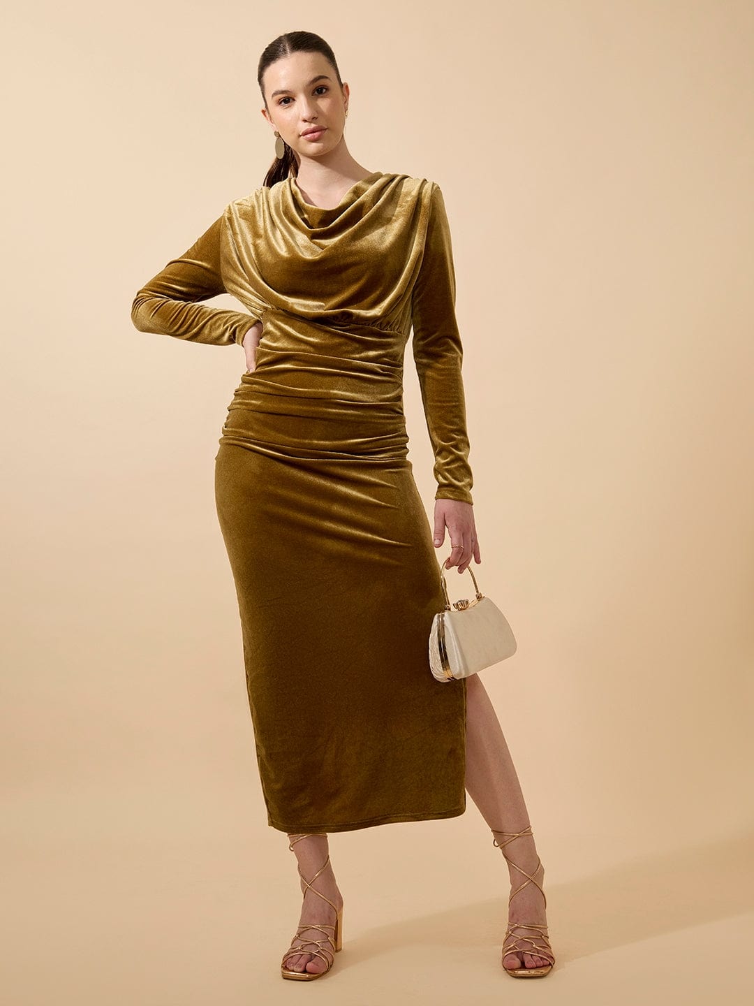 Women's Draped Velvet Olive Bodycon Maxi Dress with Side Slit