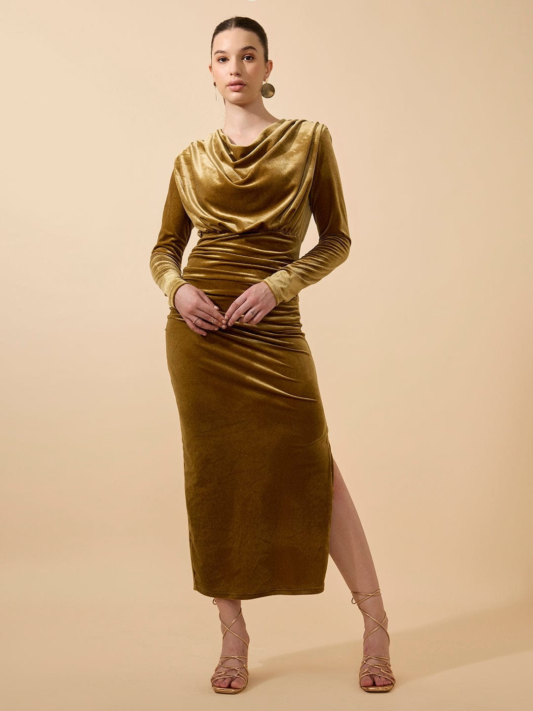 Women's Draped Velvet Olive Bodycon Maxi Dress with Side Slit