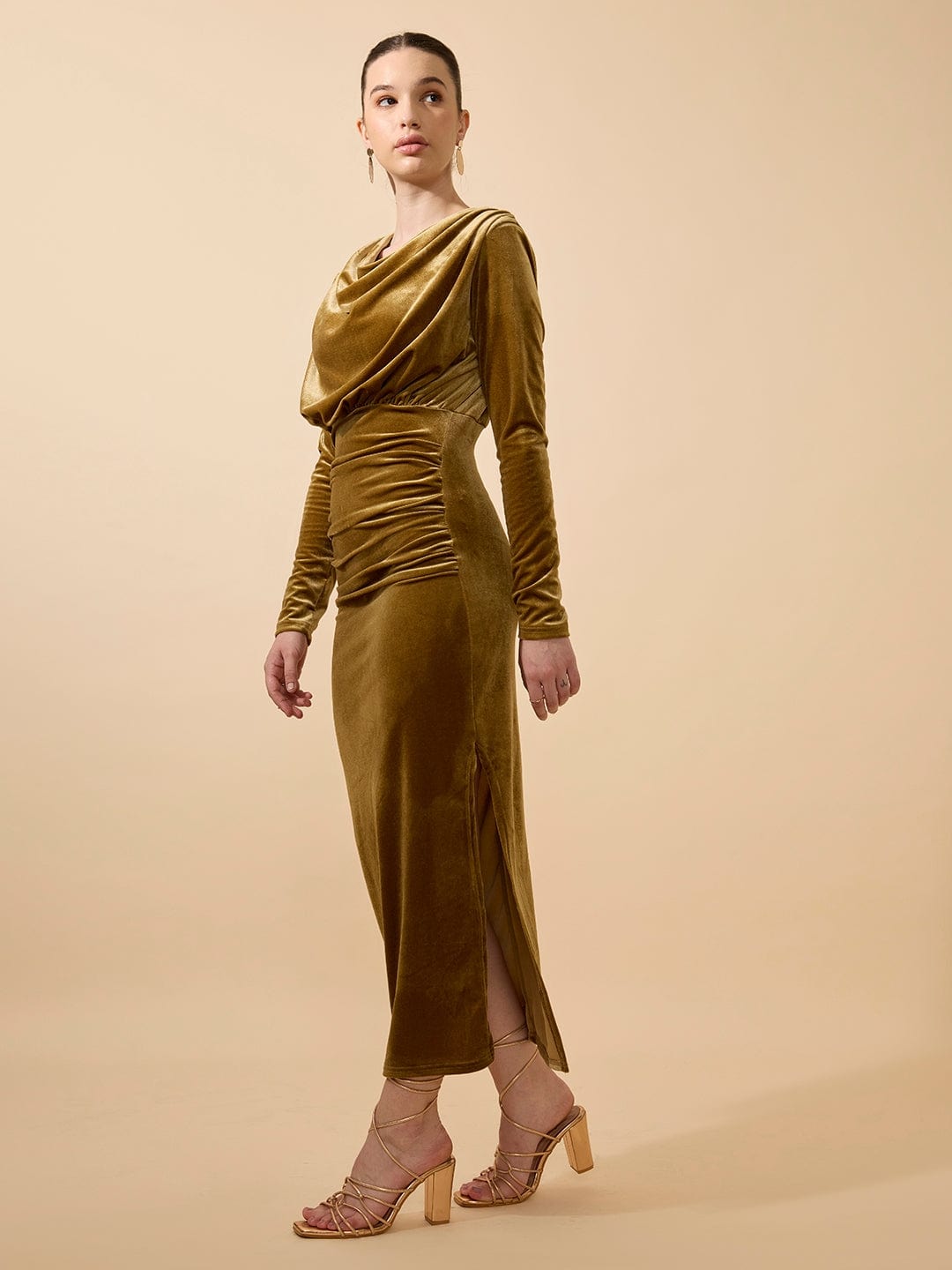 Women's Draped Velvet Olive Bodycon Maxi Dress with Side Slit