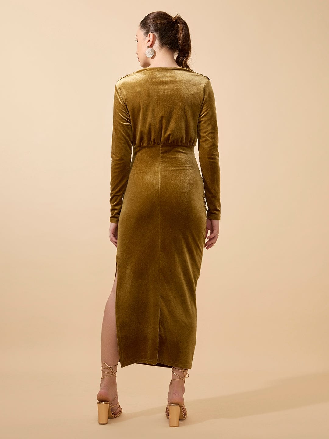 Women's Draped Velvet Olive Bodycon Maxi Dress with Side Slit