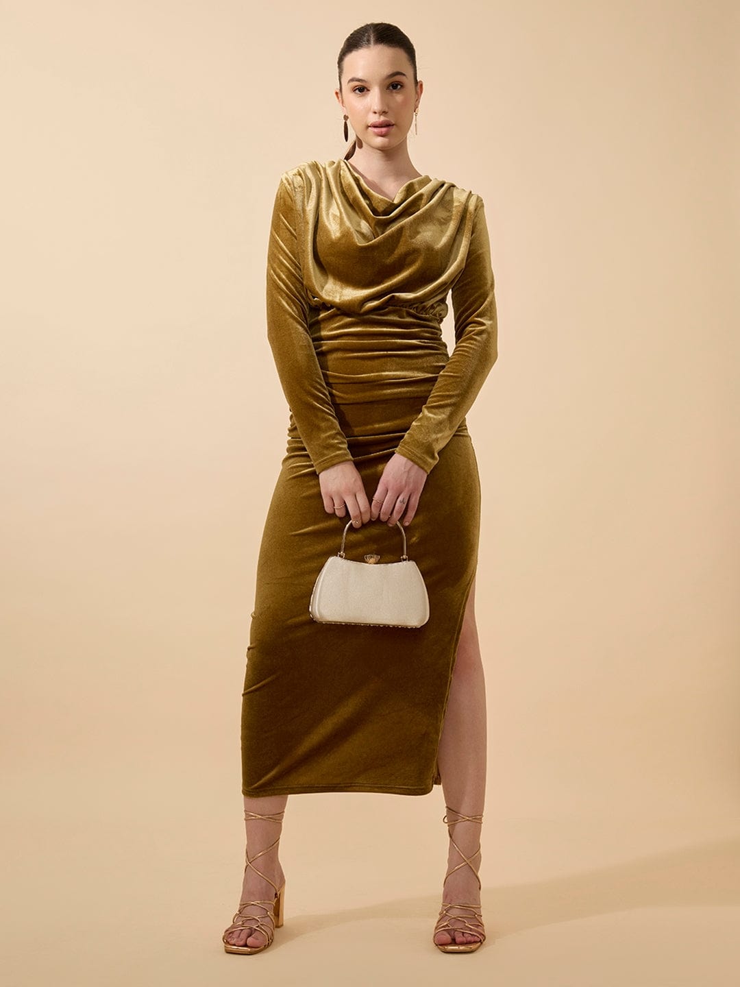 Women's Draped Velvet Olive Bodycon Maxi Dress with Side Slit