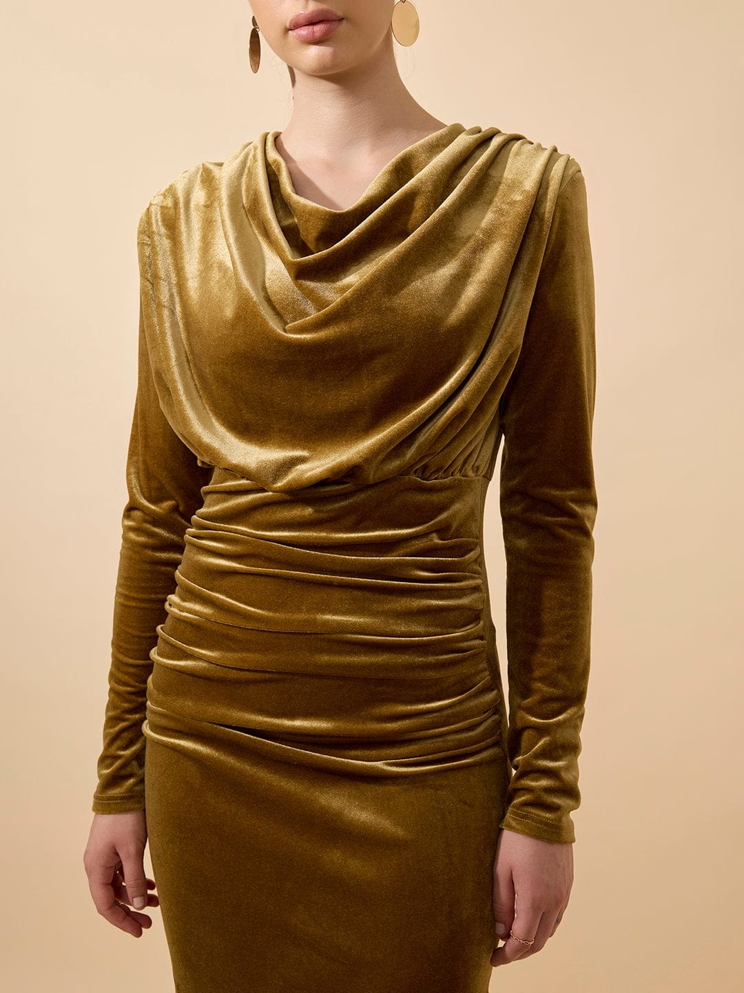 Women's Draped Velvet Olive Bodycon Maxi Dress with Side Slit