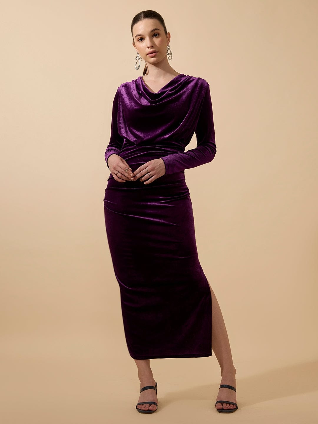 Women's Draped Velvet Purple Bodycon Maxi Dress with Side Slit
