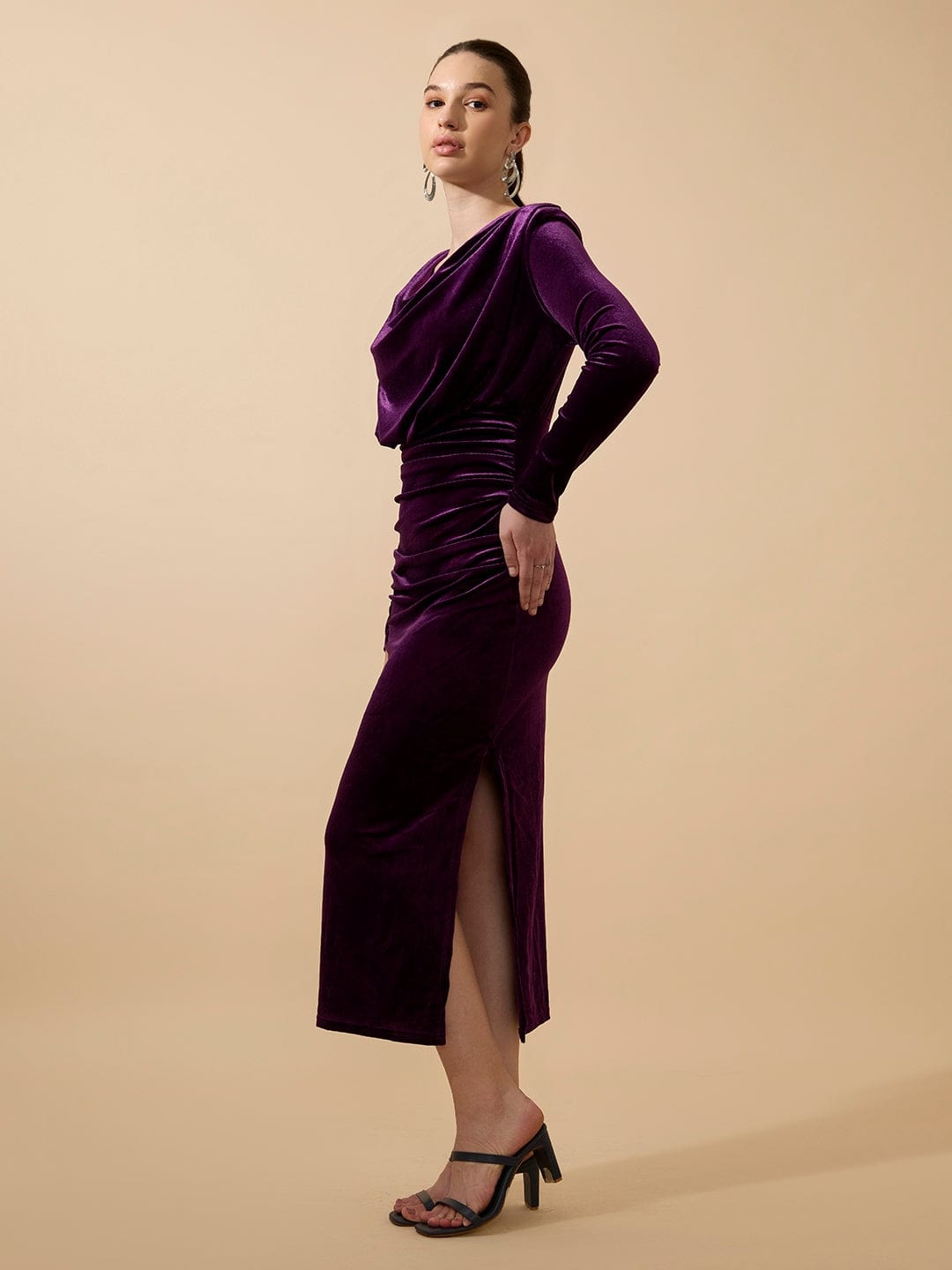 Women's Draped Velvet Purple Bodycon Maxi Dress with Side Slit