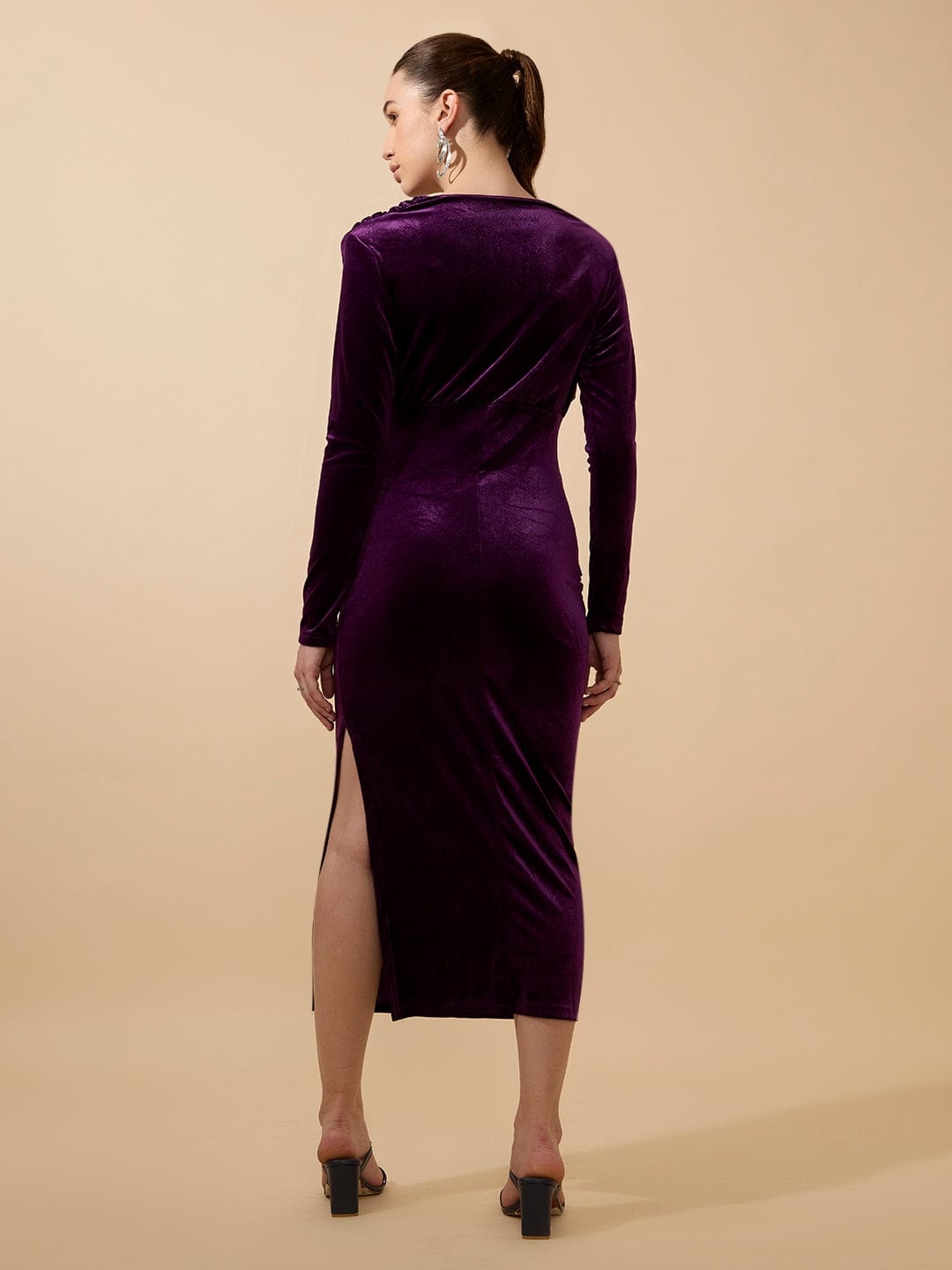 Women's Draped Velvet Purple Bodycon Maxi Dress with Side Slit