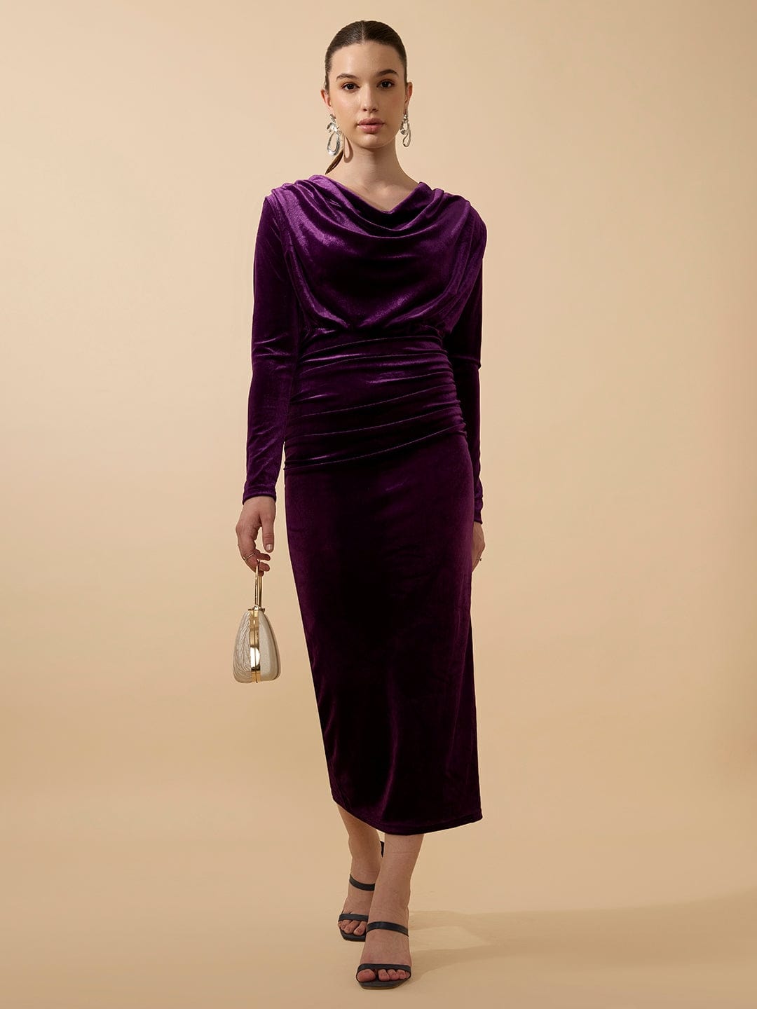 Women's Draped Velvet Purple Bodycon Maxi Dress with Side Slit
